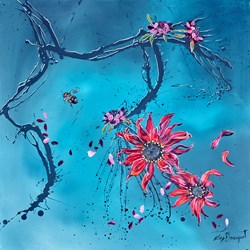 Red Sunflowers by Kay Davenport - Original Painting on Stretched Canvas sized 30x30 inches. Available from Whitewall Galleries
